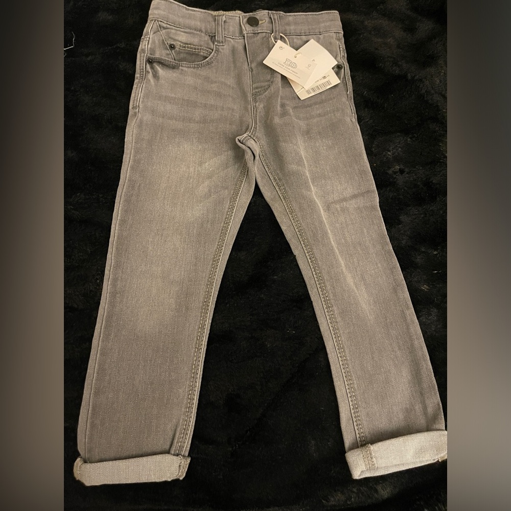 NWT ZARA Boys Skinny 3-4Yrs Light Gray Denim Jeans Adjust Belt 5 Pocket Snap